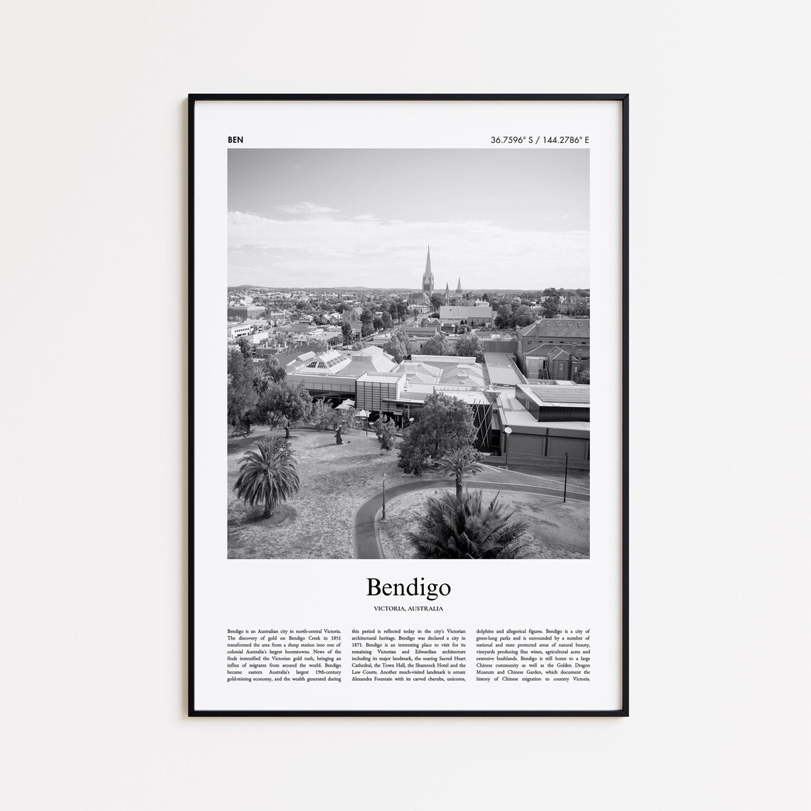 Bendigo City Aerial Black and White Travel Poster Victoria Australia