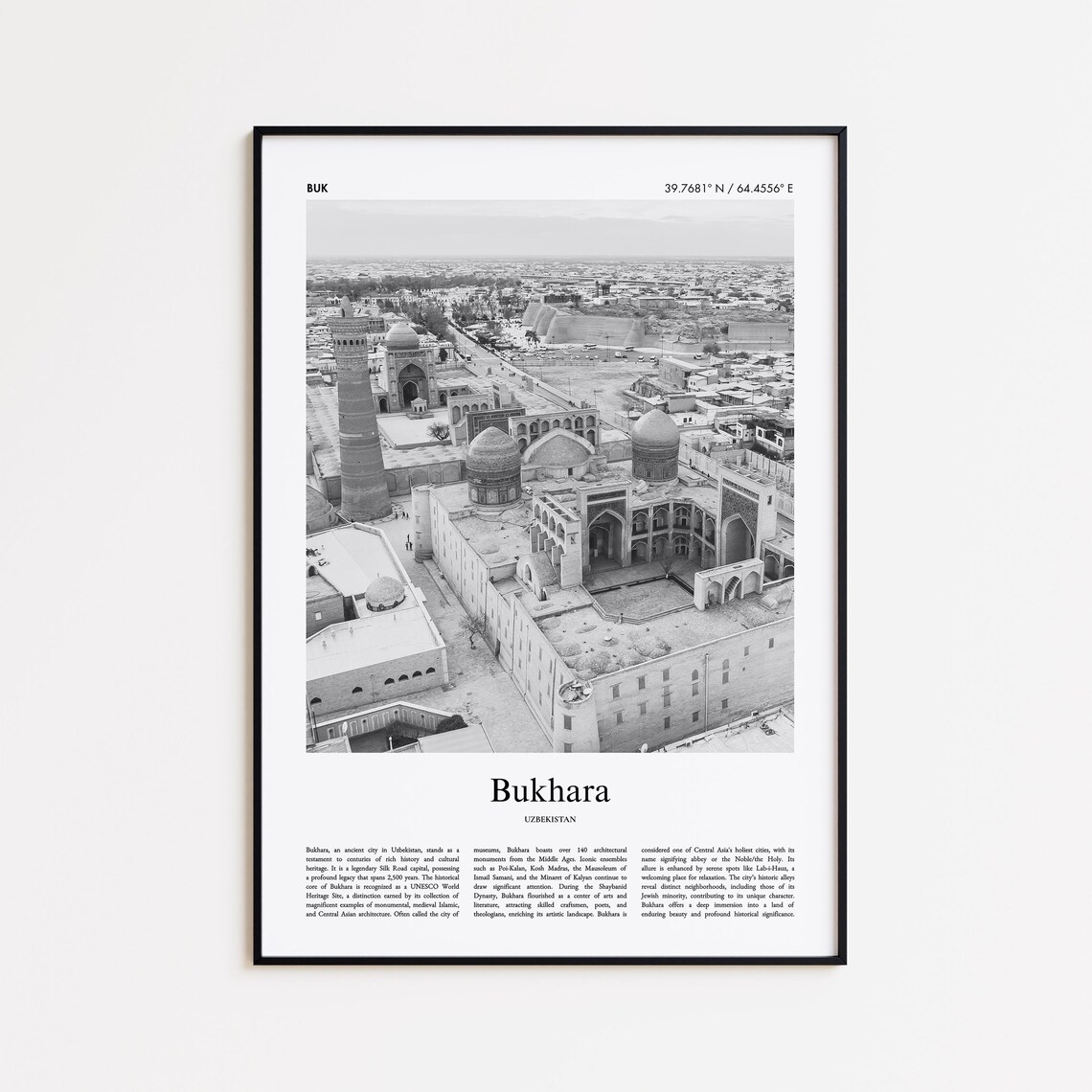 Bukhara Uzbekistan Old City Minaret Black And White Travel Poster