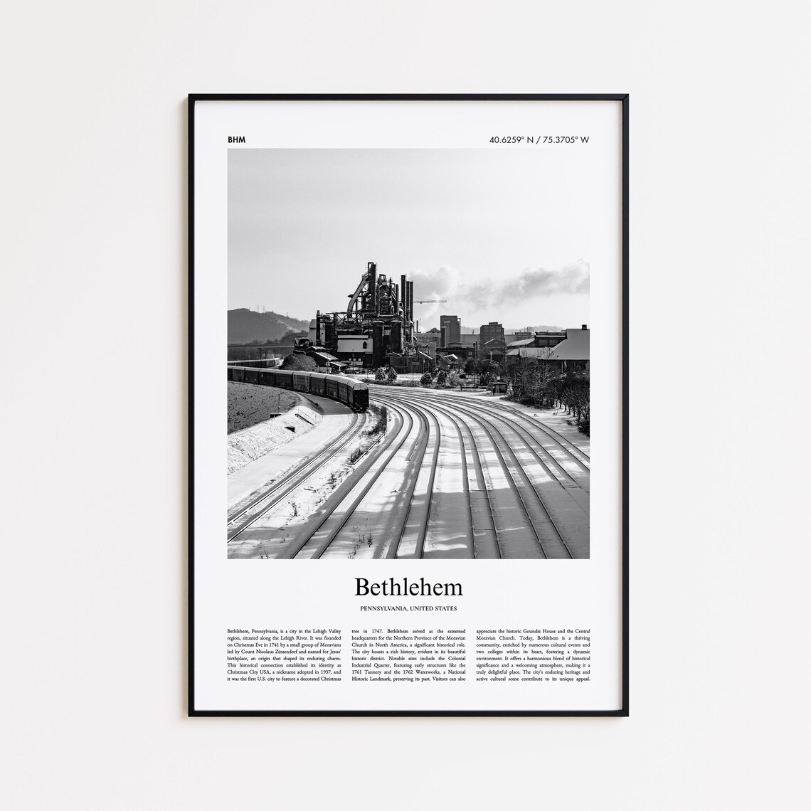 Bethlehem Black and White Travel Poster, Pennsylvania