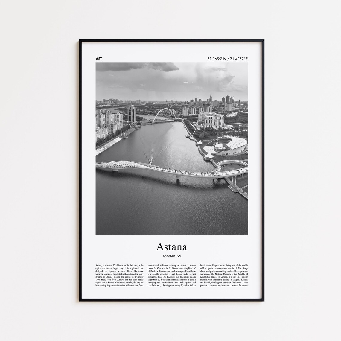 Astana Kazakhstan River Bridge Skyline Black And White Travel Poster