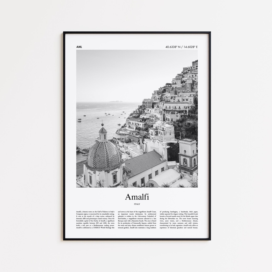 Amalfi Coast Cathedral Dome Cliffside Black and White Photo Poster