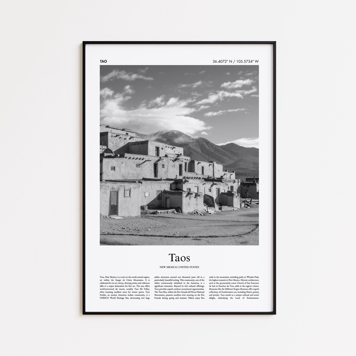 Taos New Mexico Black and White Pueblo Adobe Homes Travel Poster