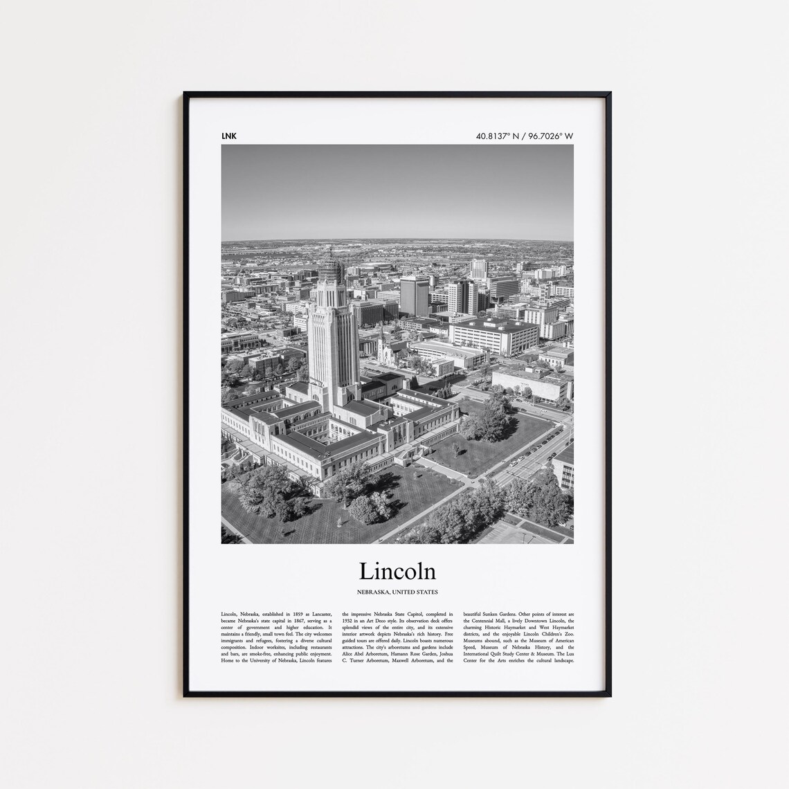 Lincoln Nebraska Black And White Aerial State Capitol Photo Travel Poster