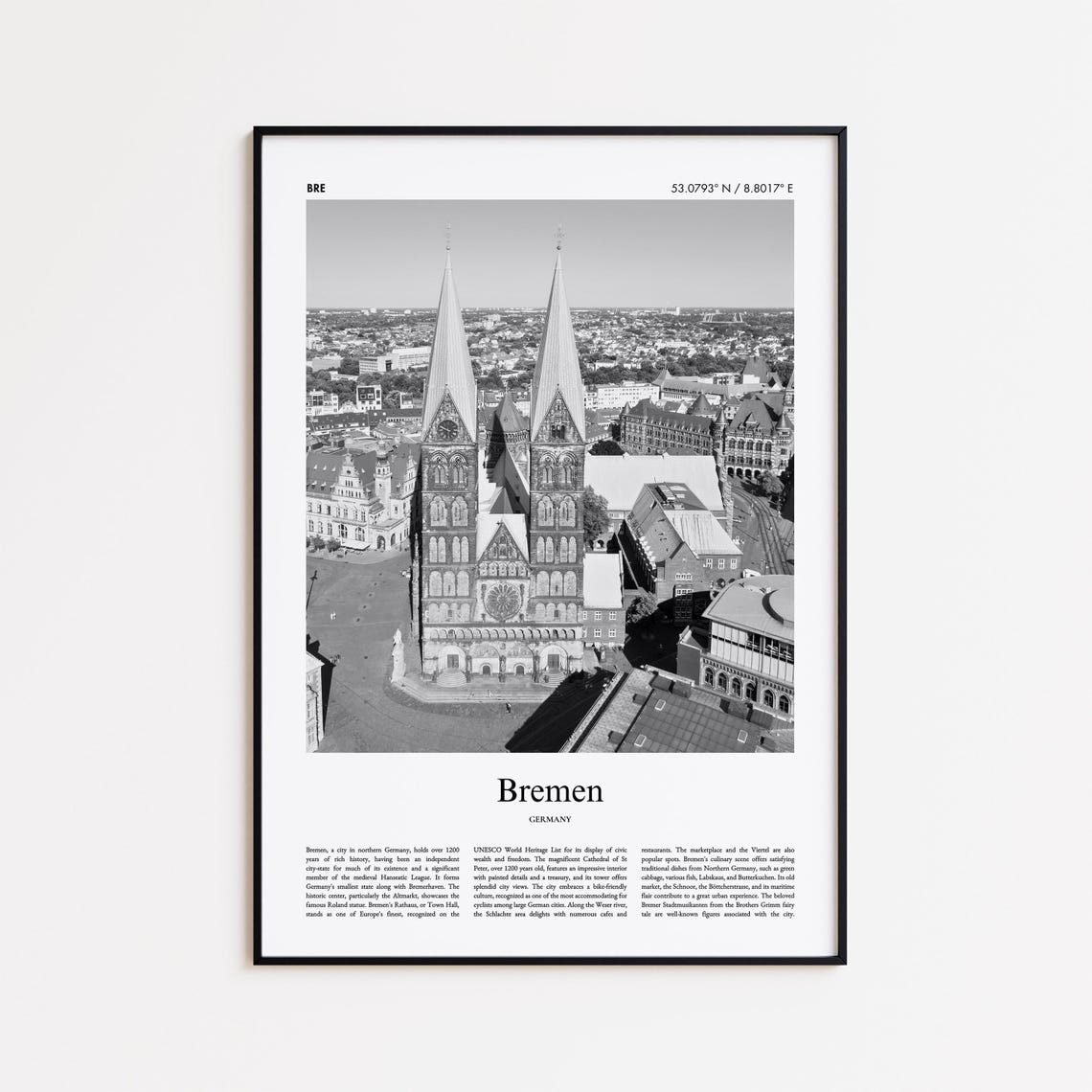 Bremen Germany Twin Cathedral Spires Black White Photo Poster