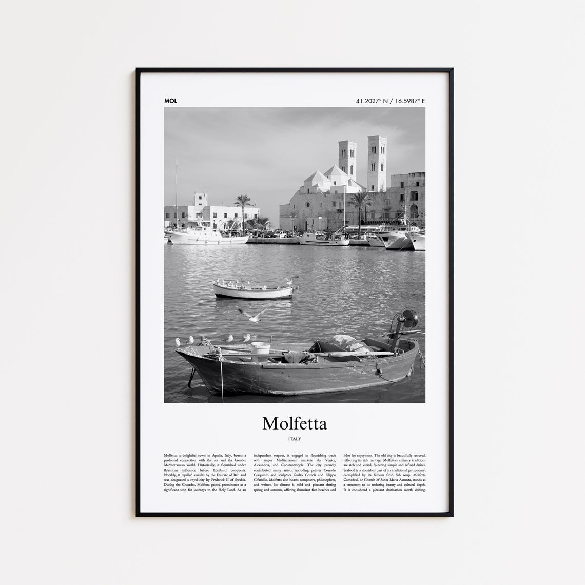 Molfetta Italy Black and White Old Harbor Boats Travel Poster