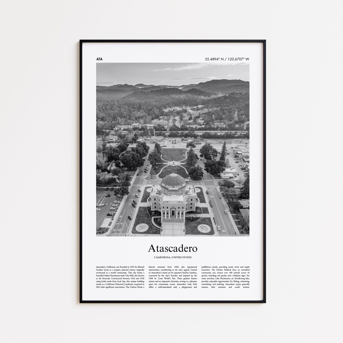 Atascadero Black And White Travel Poster, USA