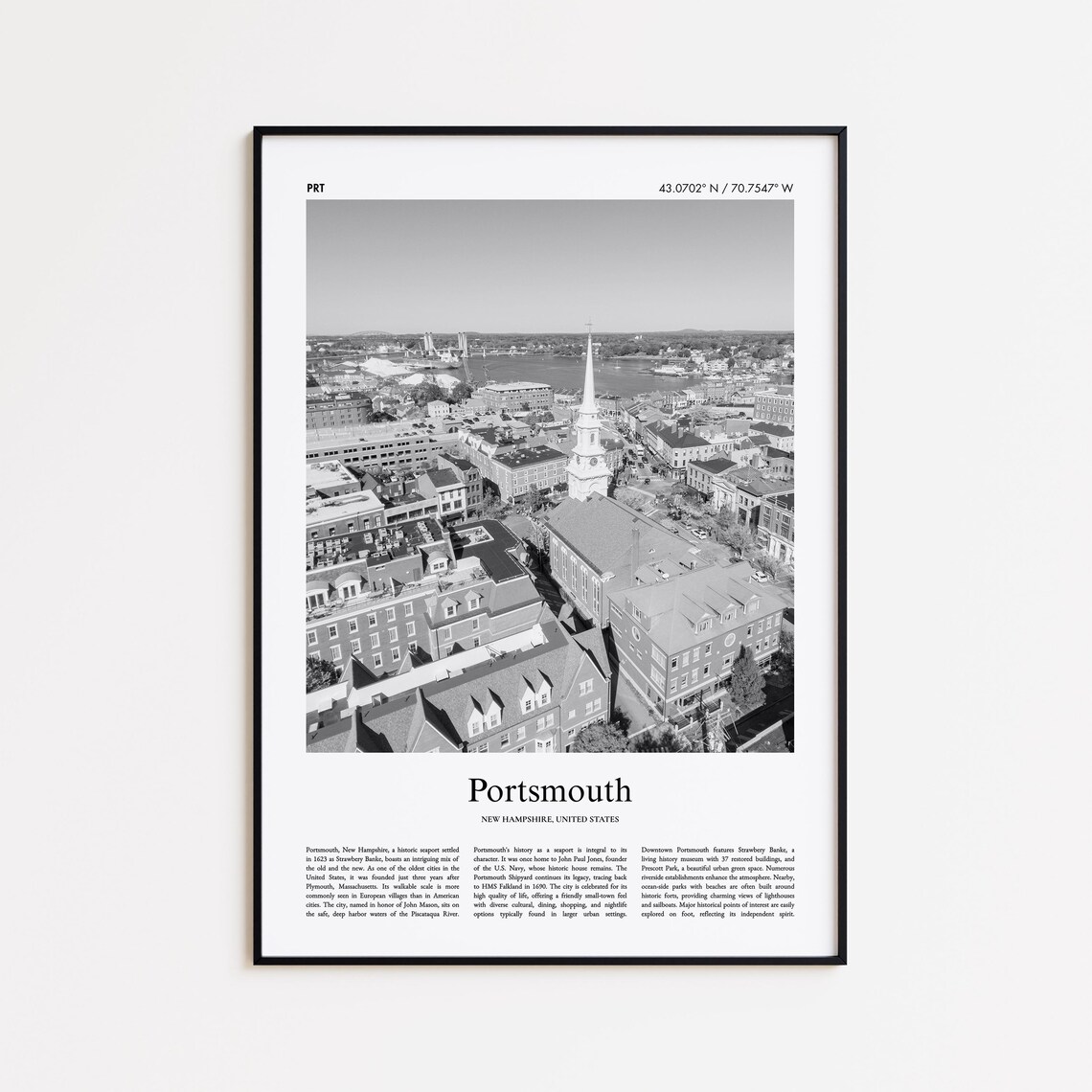 Portsmouth New Hampshire Black and White Aerial Photo Travel Poster