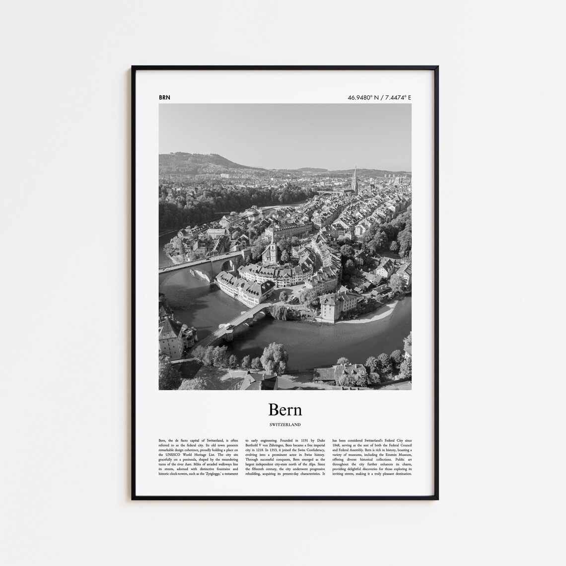 Bern Switzerland Black And White Aerial City Photo Travel Poster
