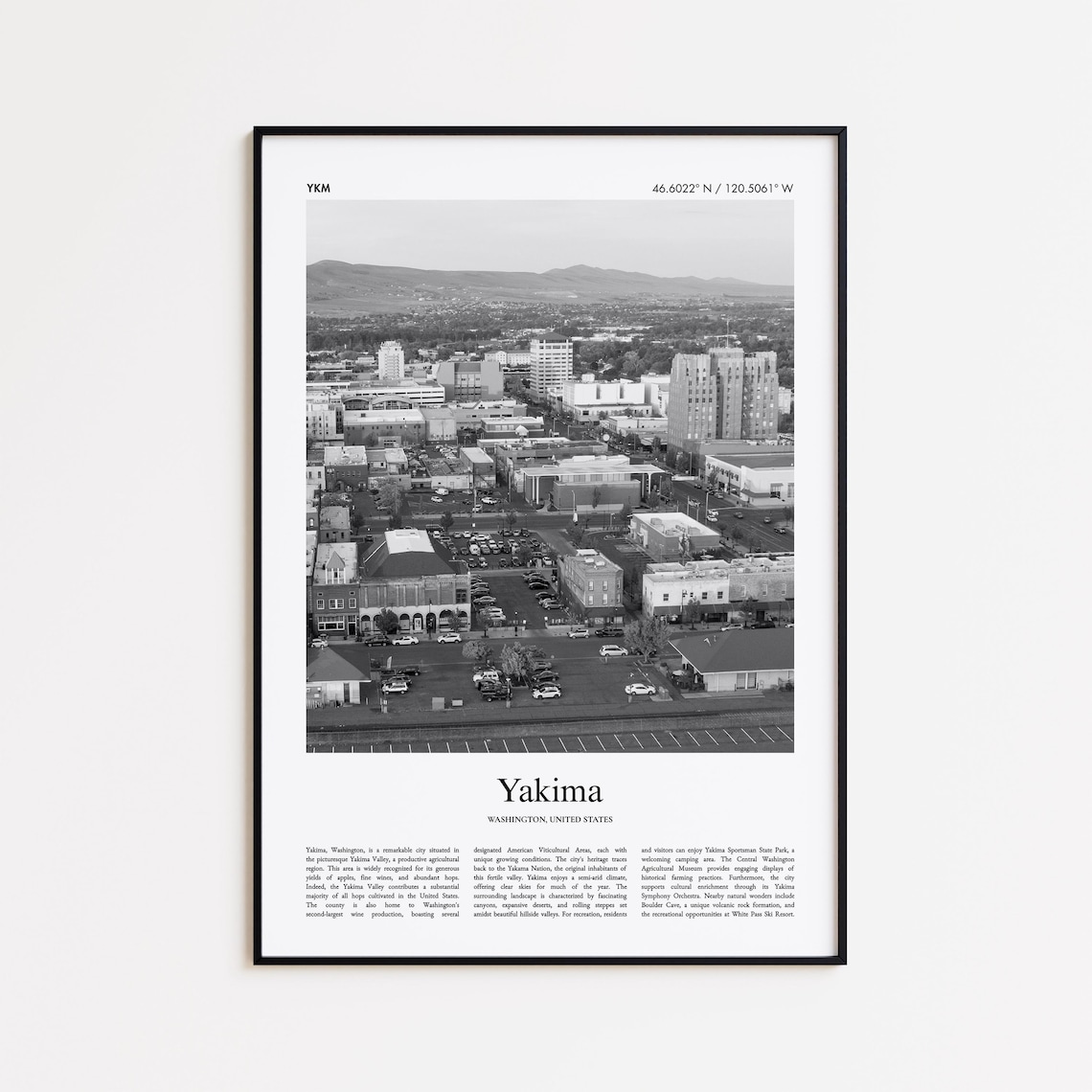 Yakima Washington Black and White Downtown Aerial City Photo Poster