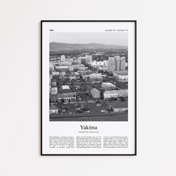Yakima Washington Black and White Downtown Aerial City Photo Poster