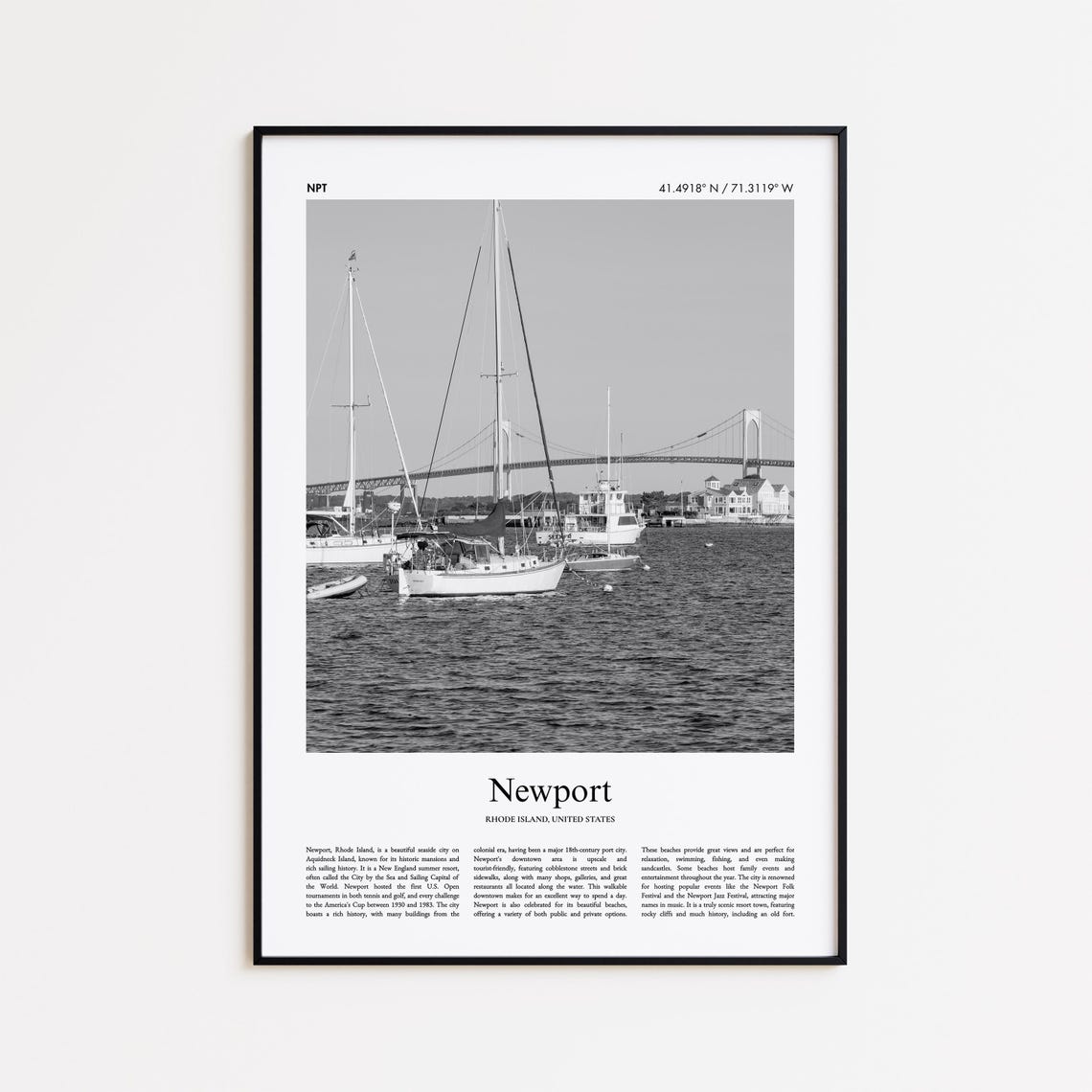 Newport Rhode Island Black And White Sailboat Harbor Photo Poster