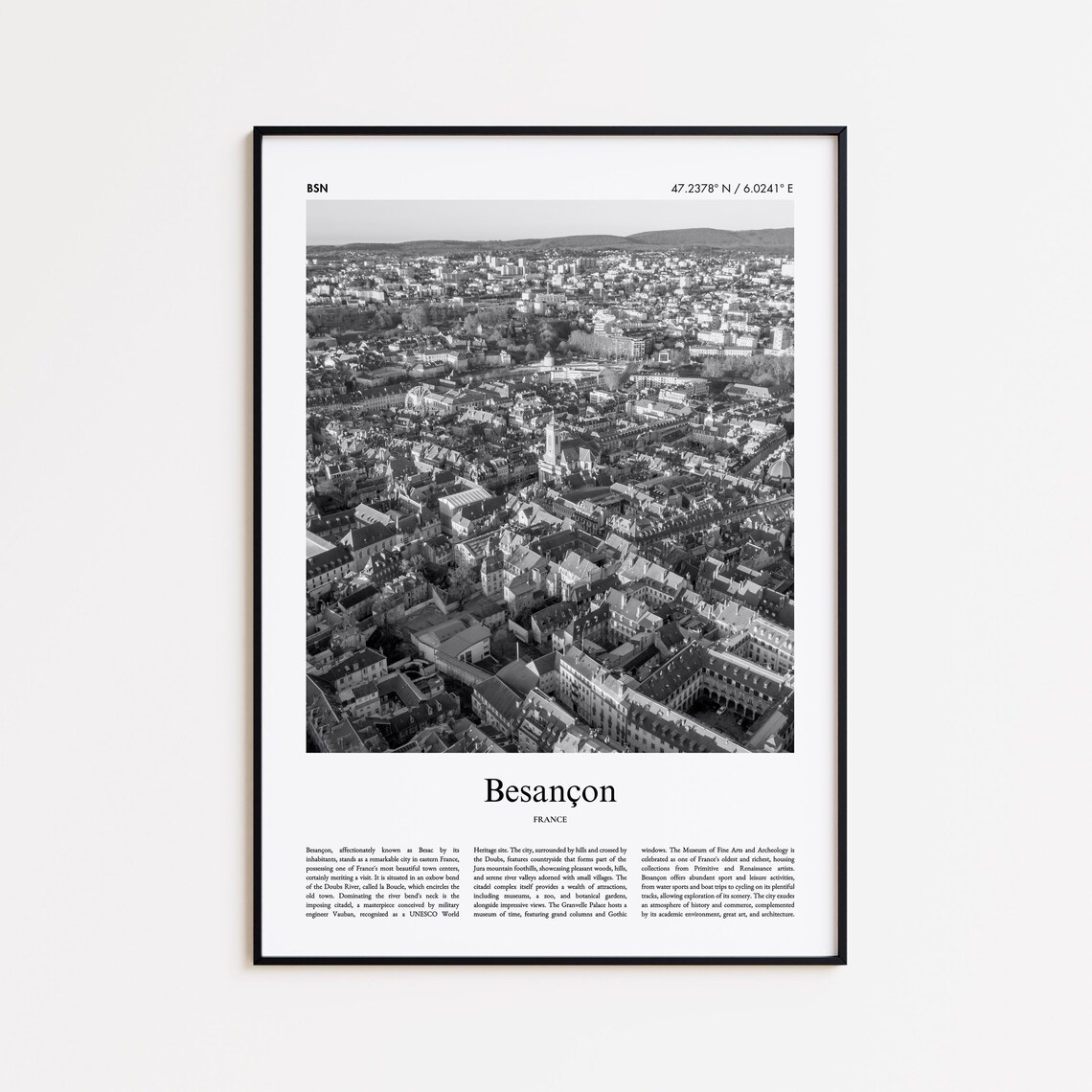 Besancon France Aerial Old Town Black And White Travel Poster