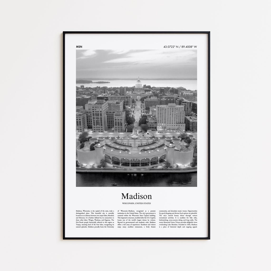 Madison Wisconsin Black And White Capitol Skyline Photography Poster