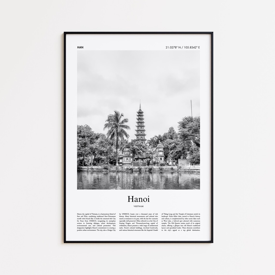 Hanoi Vietnam Black And White Photography Poster Pagoda Lakeside