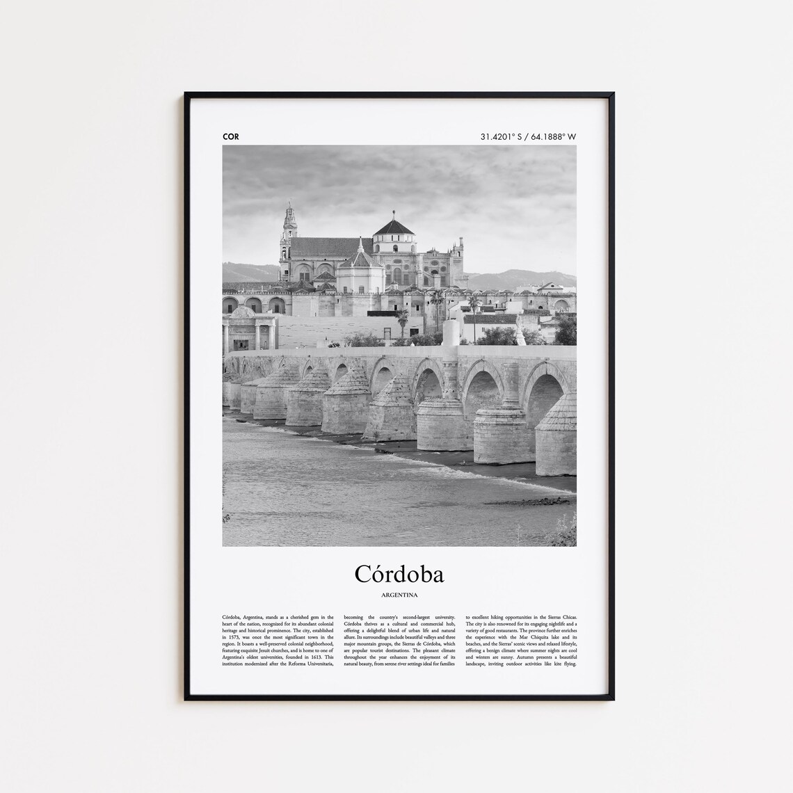 Cordoba Argentina Black And White Historic Bridge Photo Poster