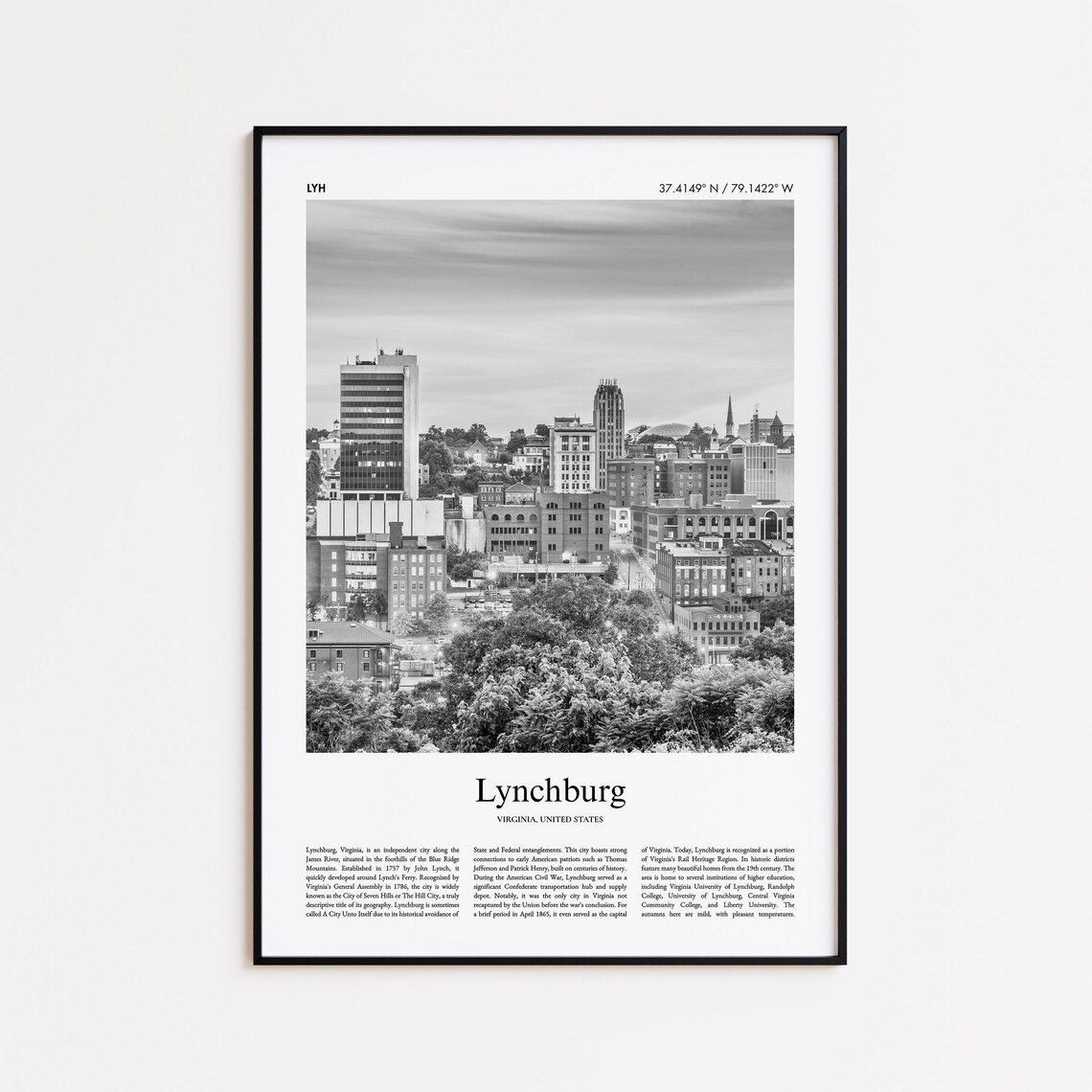 Lynchburg Virginia Black and White City Skyline Photo Poster