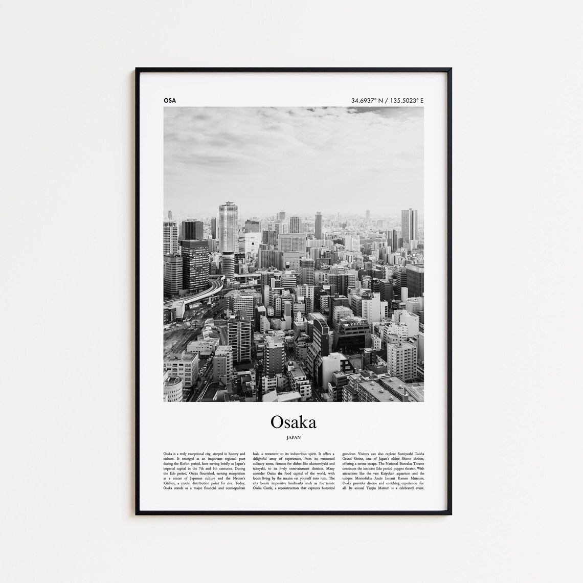 Osaka Japan Skyline Black And White Photo Travel City Poster
