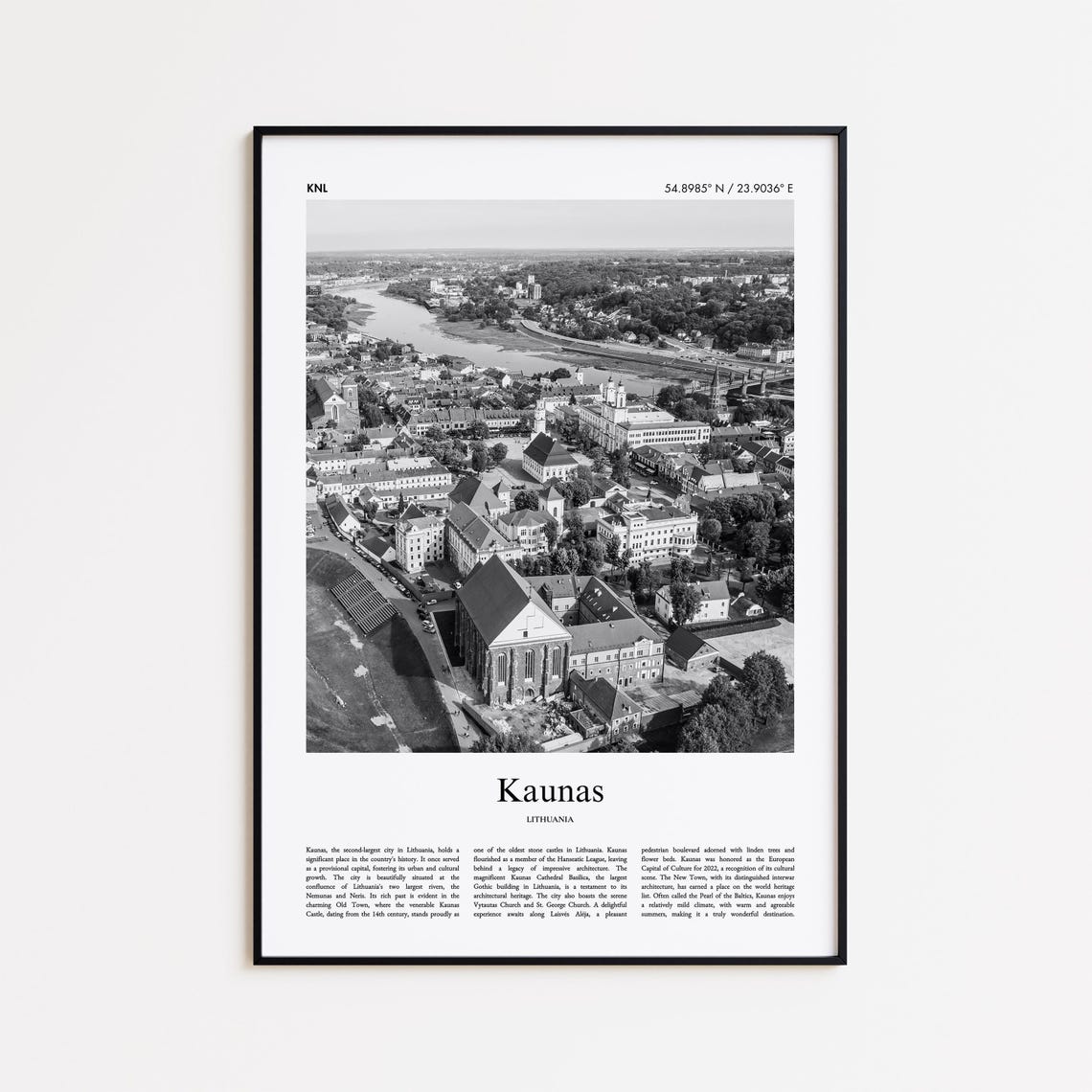 Kaunas Lithuania Black and White Old Town Aerial Photo Poster