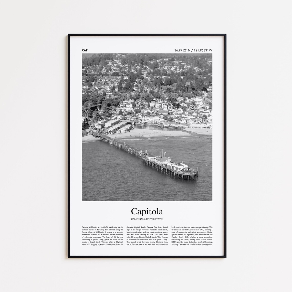 Capitola California Black And White Aerial Pier Photo Travel Poster