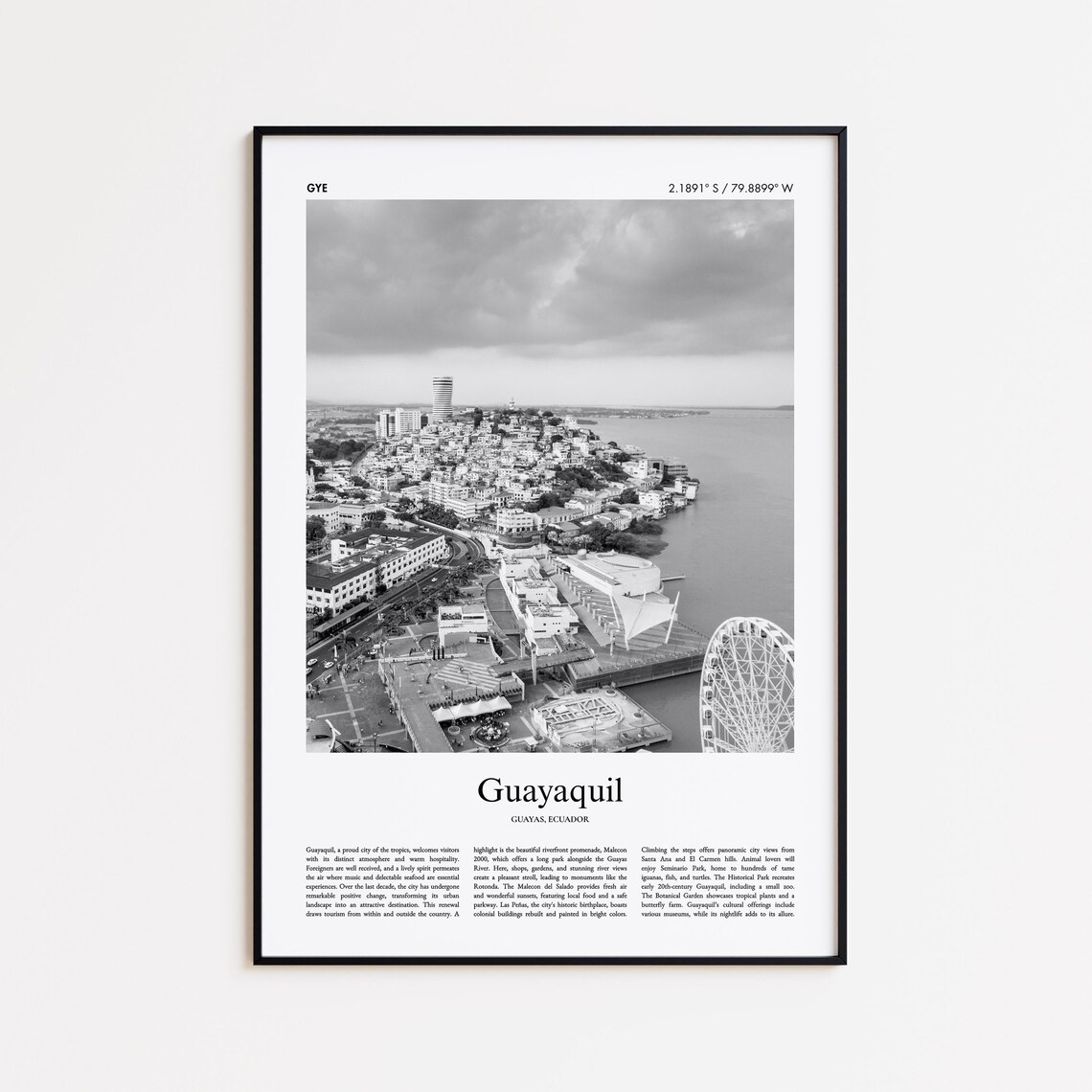 Guayaquil Ecuador Black And White Riverfront Skyline Photo Poster