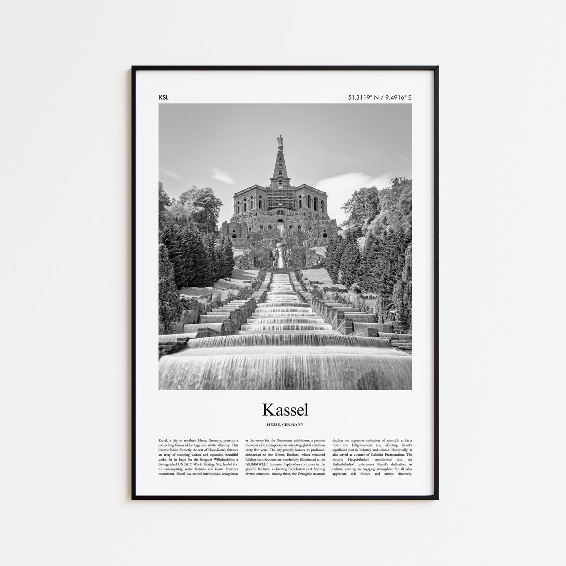 Kassel Germany Black and White Hercules Cascades Photo Poster