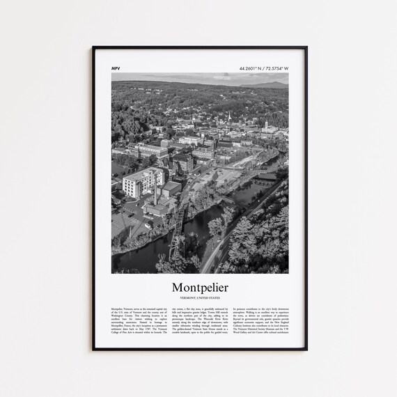 Montpelier Vermont Aerial Black And White Photo Travel Poster