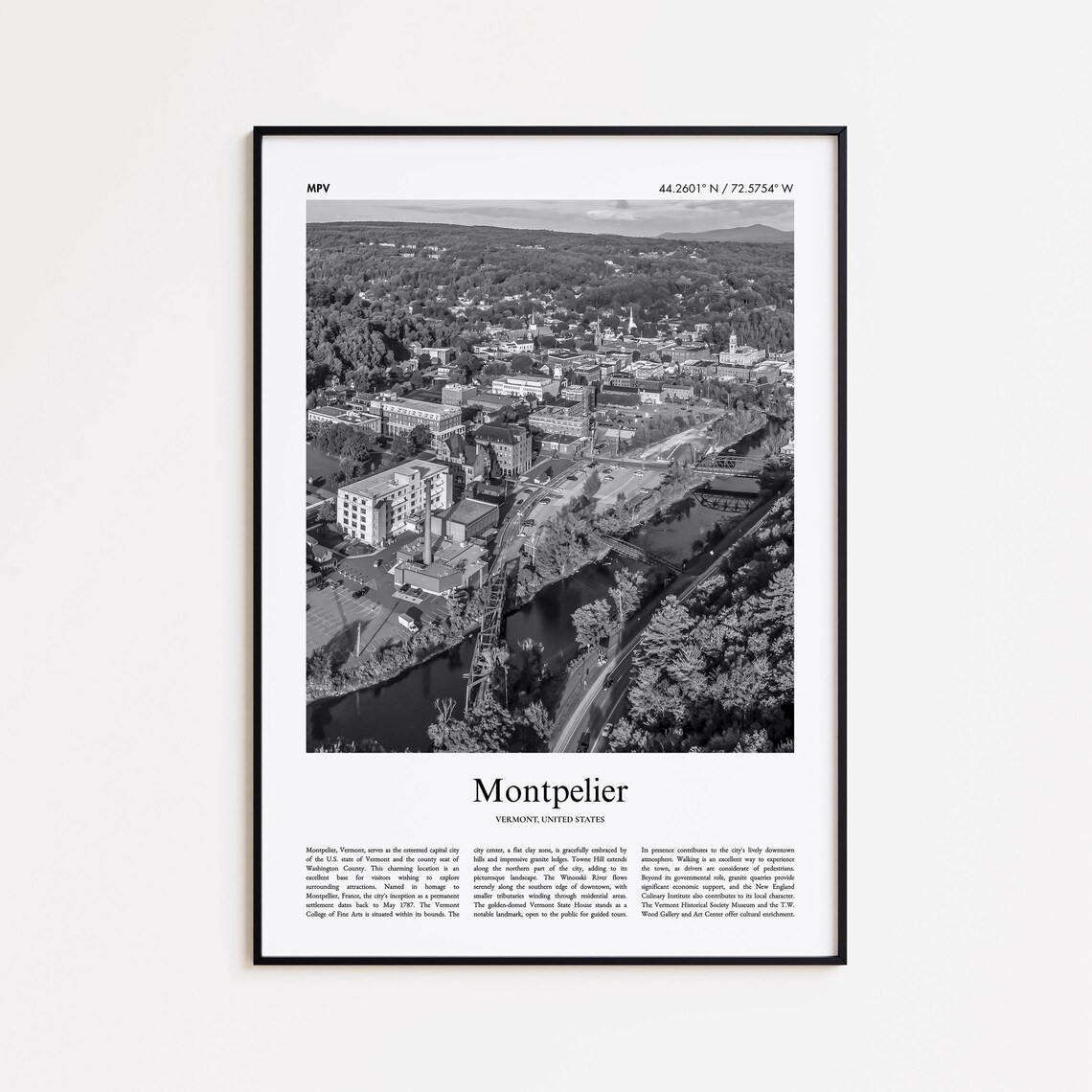 Montpelier Vermont Aerial Black And White Photo Travel Poster