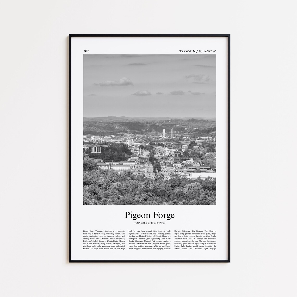 Pigeon Forge Tennessee Black and White Aerial Photo Travel Poster