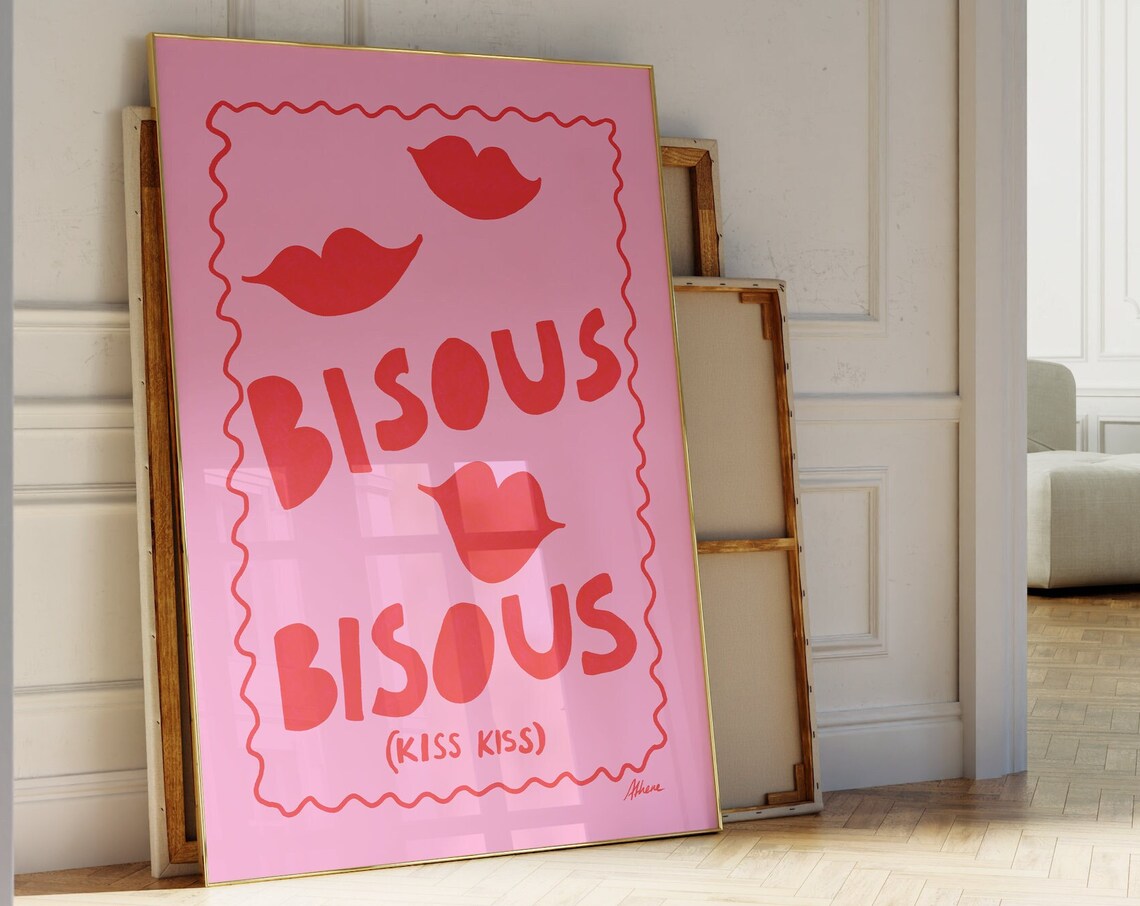 Bisous Bisous Kiss Kiss Pink Typography Poster With Red Lips