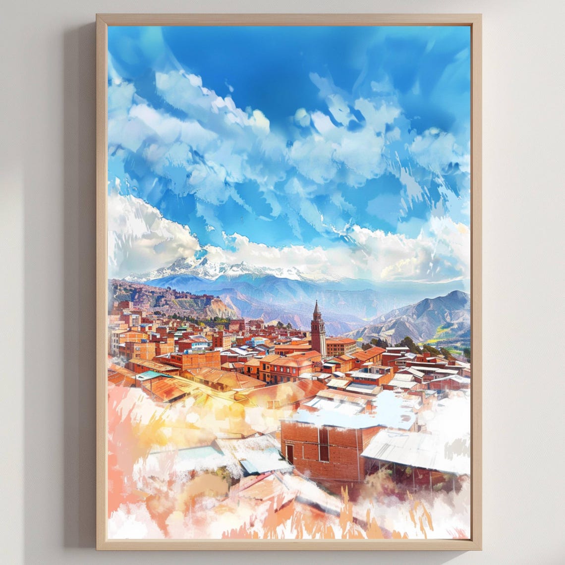 Andean Mountain City Red Rooftops Skyline Watercolor Art Poster