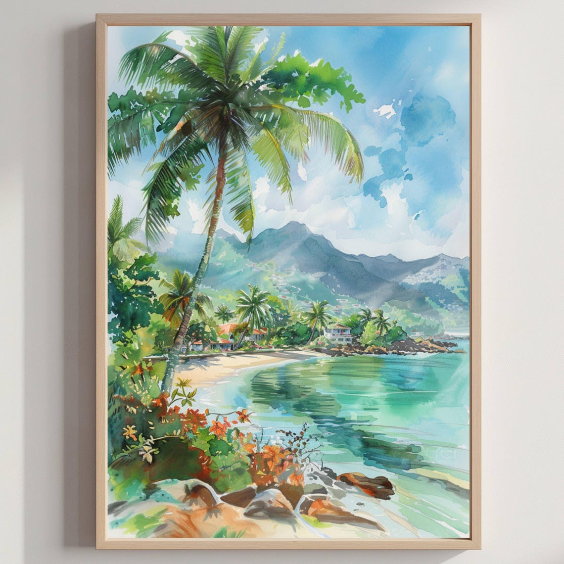 Tropical Beach Palm Tree Turquoise Sea Mountain Watercolor Poster