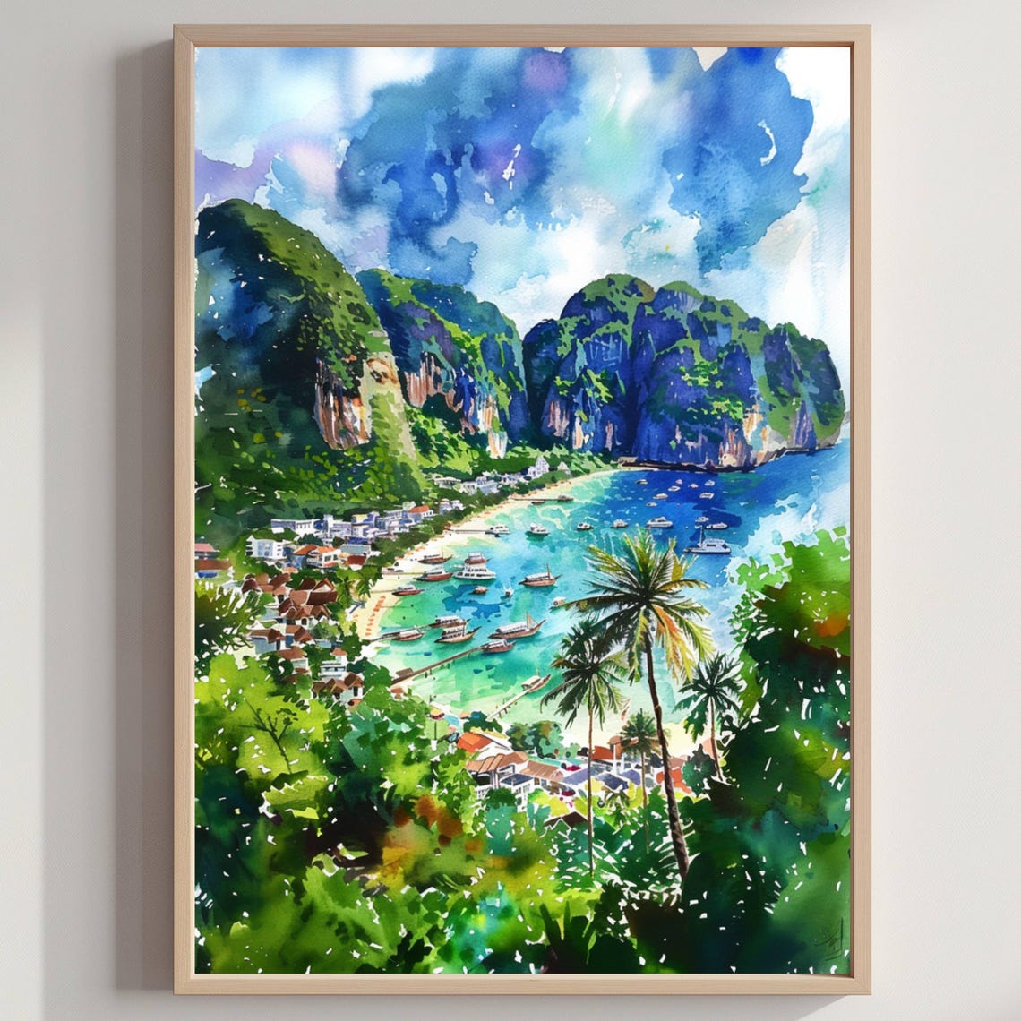 Tropical Island Bay Limestone Cliffs Watercolor Seascape Poster