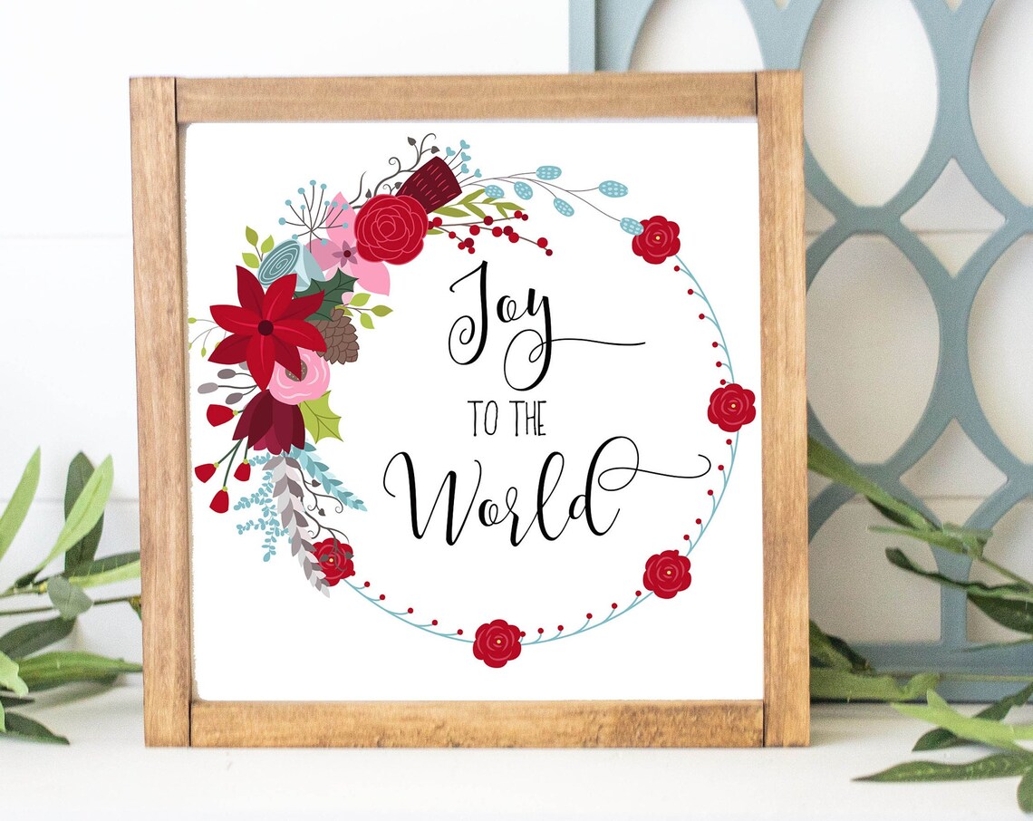 Joy to the World Red Poinsettia Floral Wreath Christmas Poster