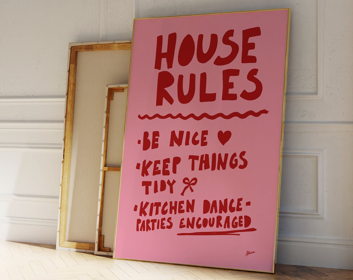 House Rules Be Nice Keep Things Tidy Pink Retro Typography Poster