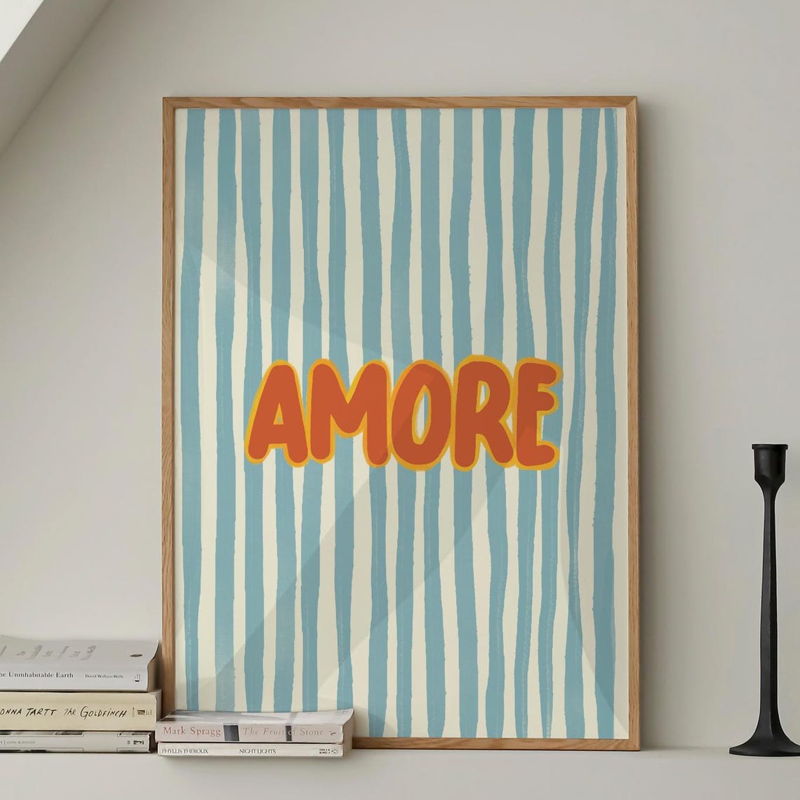 Amore Orange Bubble Letters On Blue Striped Retro Word Poster