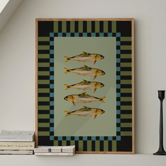 Vintage Sardines Fish Black Green Stripe Trendy Kitchen Wall Art Retro Modern Food Home Decor