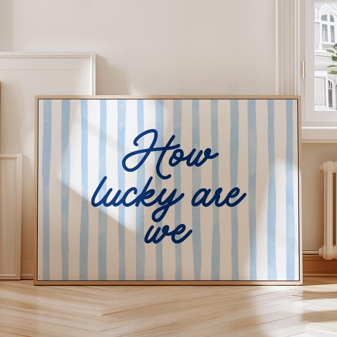 How Lucky Are We Navy Script Blue Striped Gratitude Typography Poster