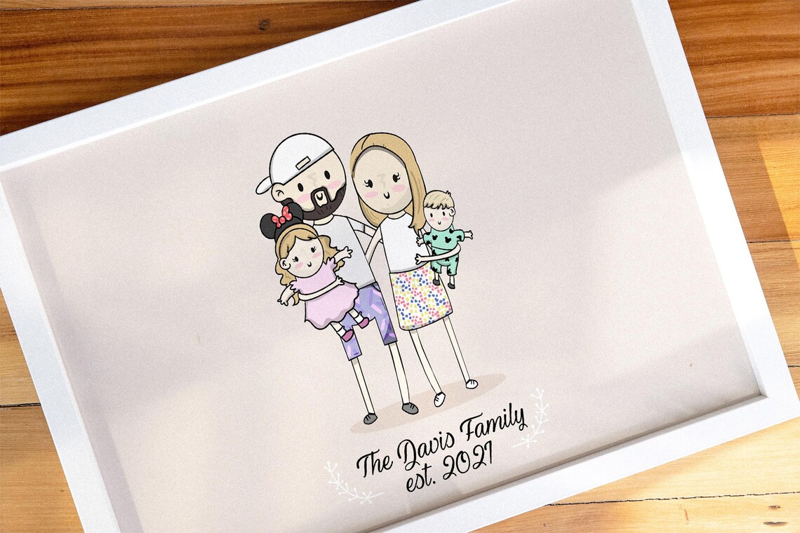 Custom Cartoon Family of Four Portrait Cream Background Poster