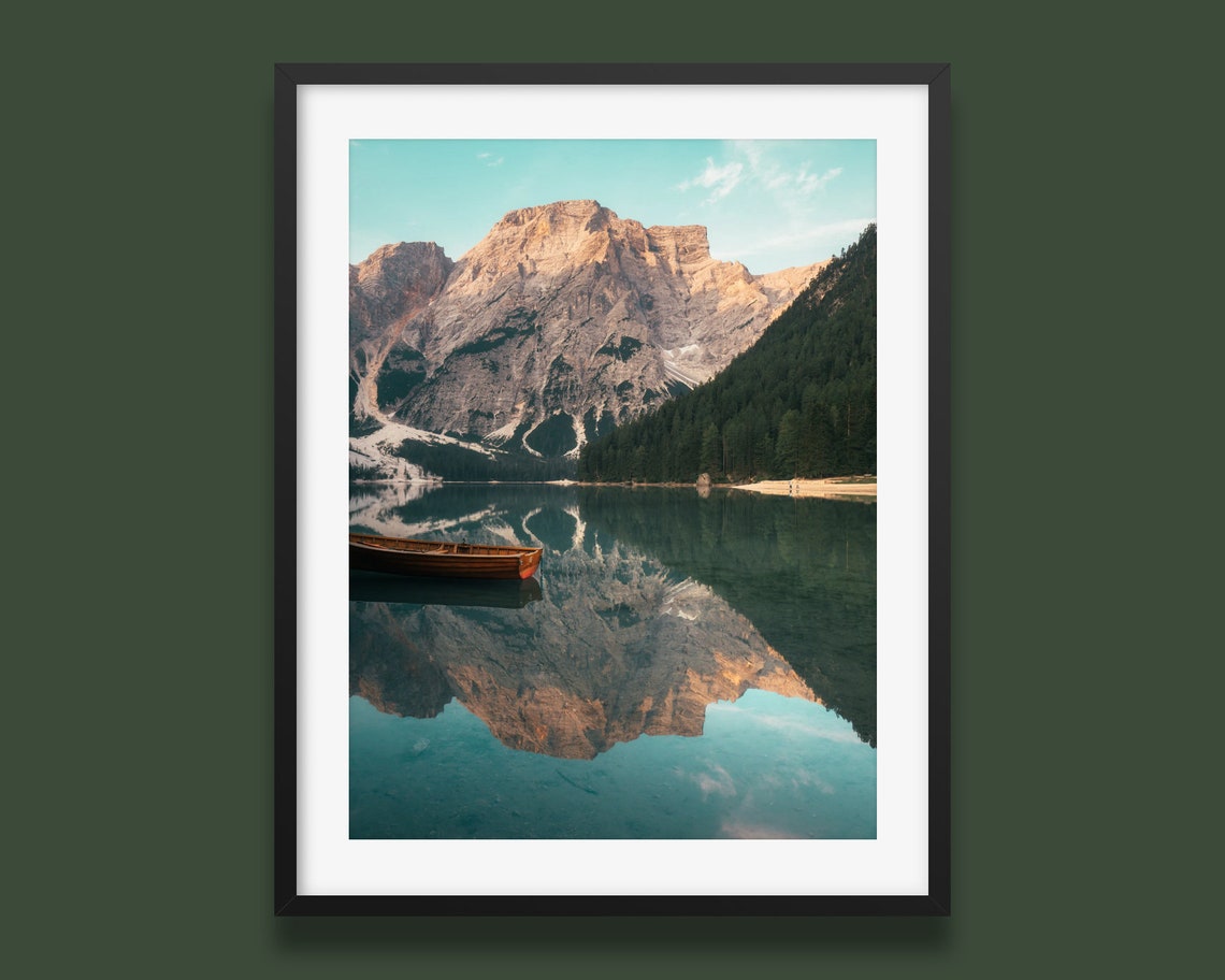Lago Di Braies Mirror Reflection Lone Rowboat Dolomite Peak Poster
