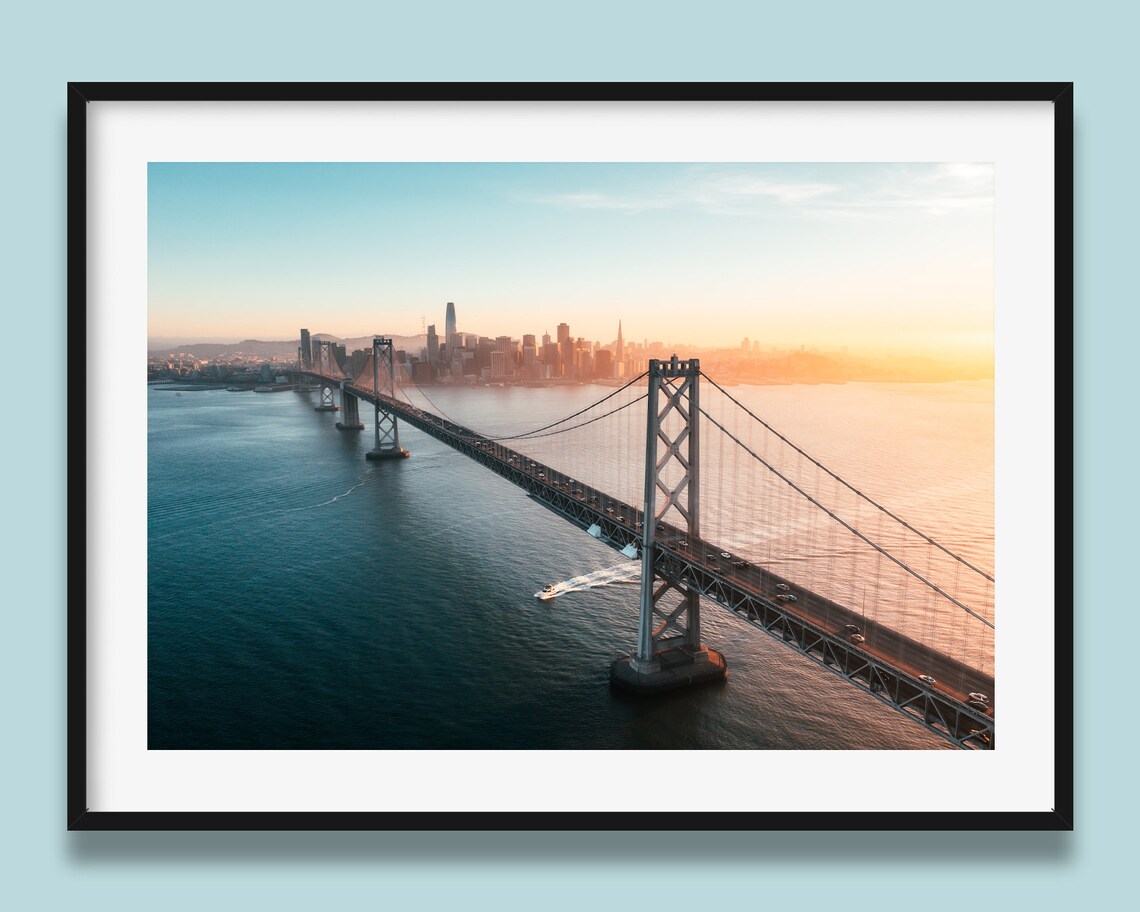 San Francisco Bay Bridge Travel Poster, Sunset Aerial