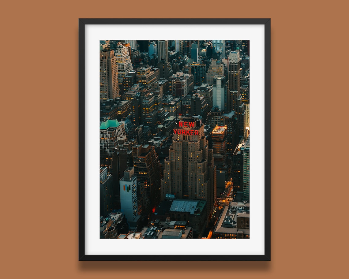 New Yorker Hotel Sign Manhattan Aerial Night City Skyline Poster