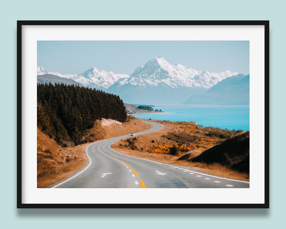 Winding Road To Mt Cook Snowy Peak Turquoise Lake New Zealand Poster