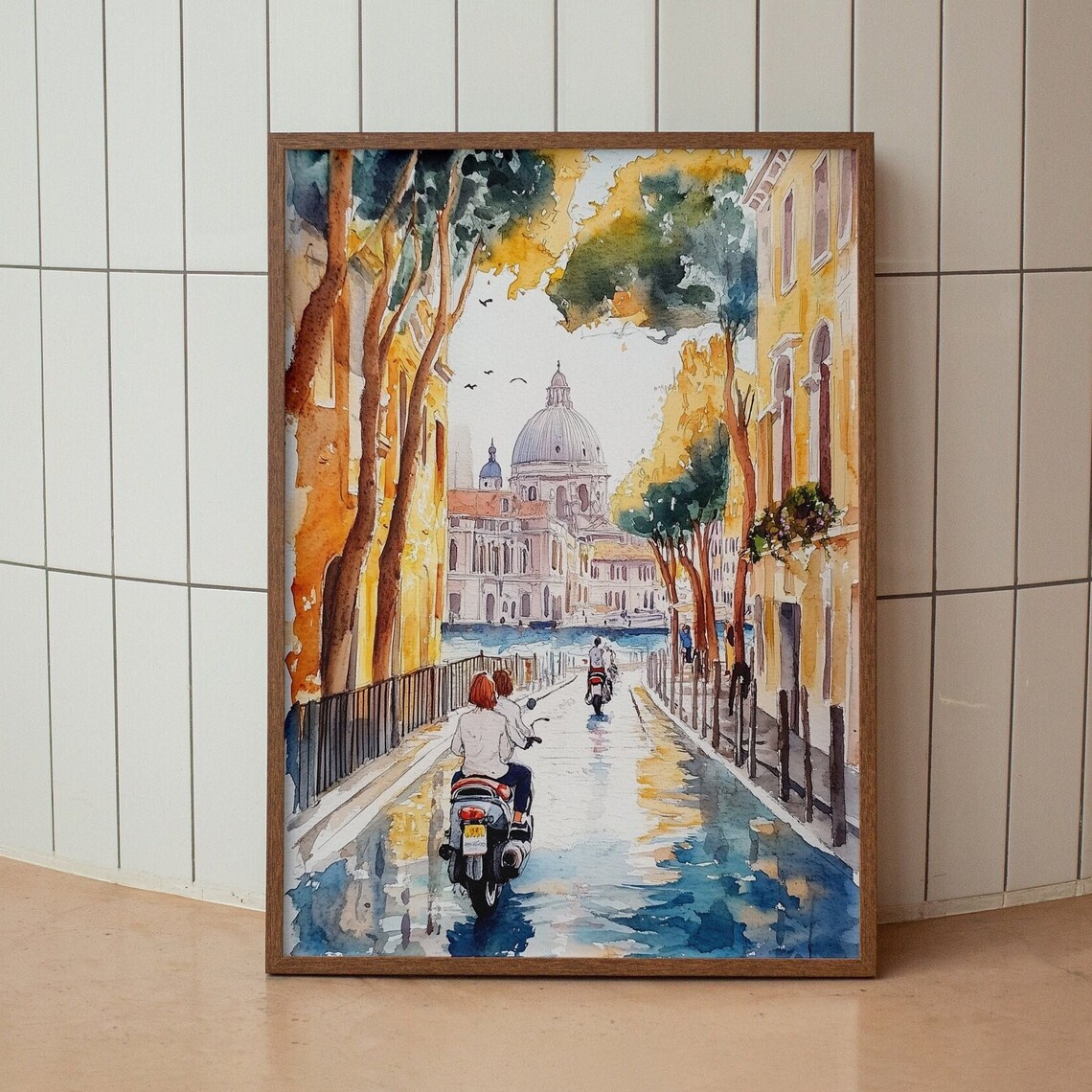 Retro Rome Streets Watercolor Italy Travel Poster