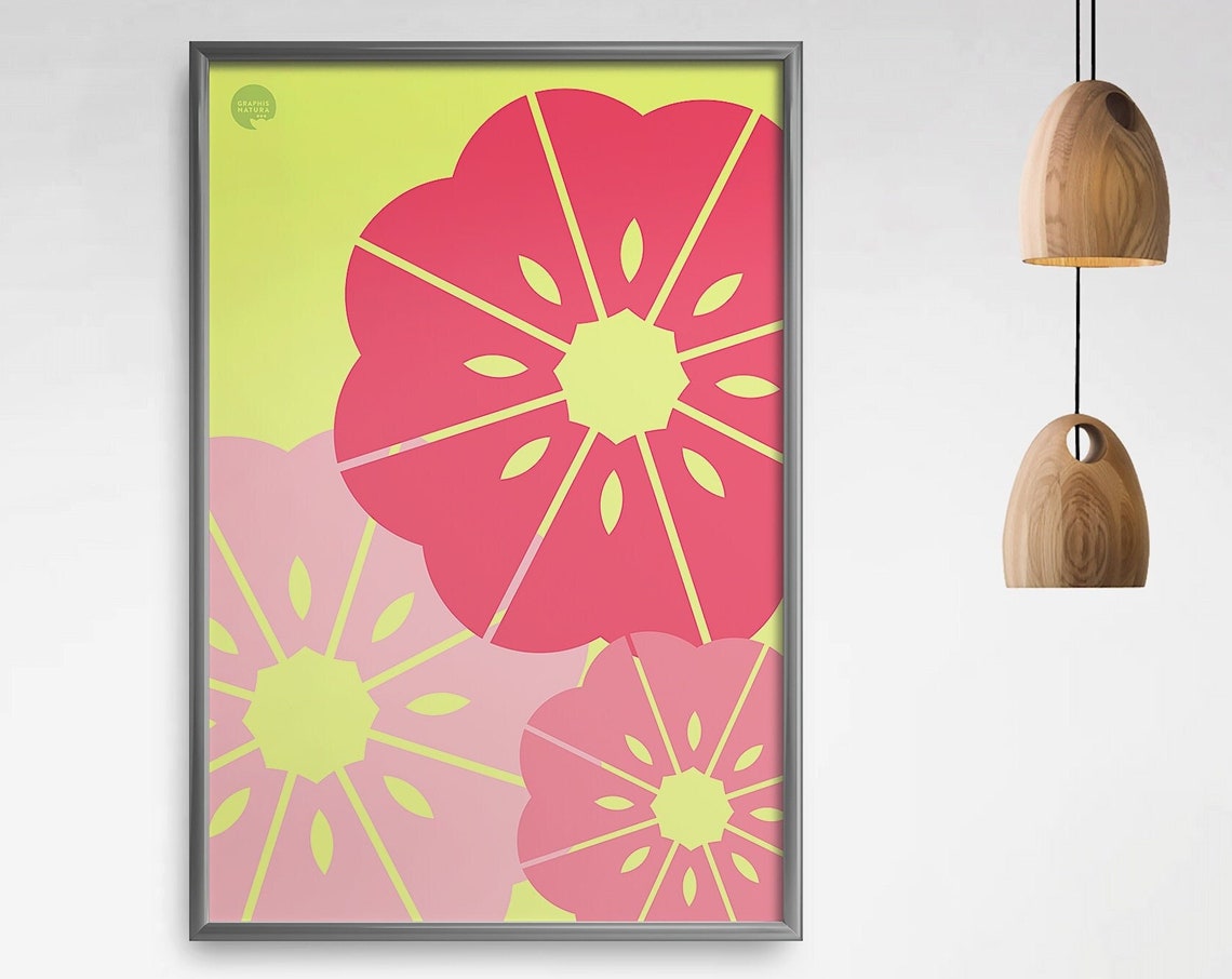 Watermelon Pink Geometric Blooms Poster Lime Ground Floral Art - Image 5