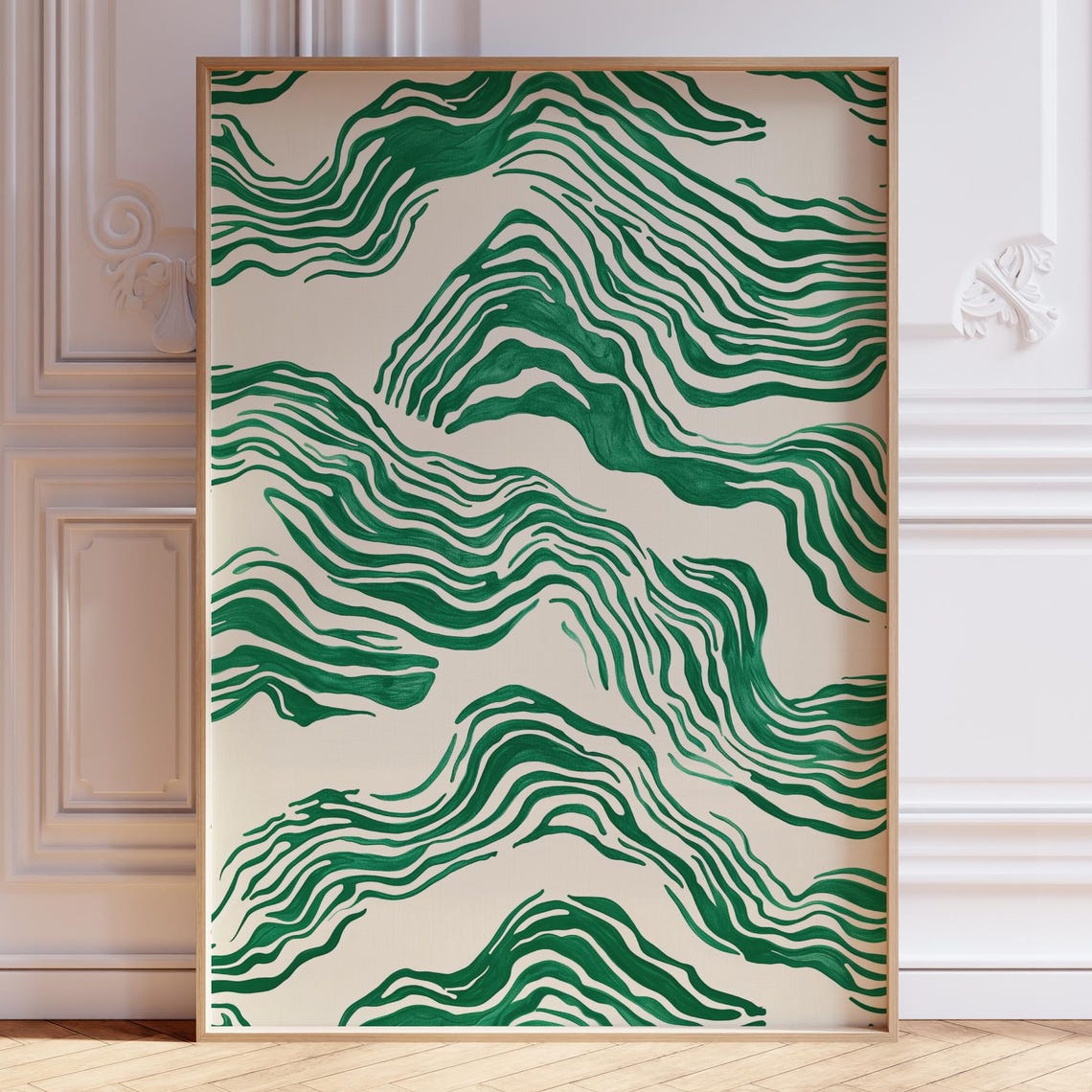 Emerald Green Wavy Brushstroke Lines Abstract Mid Century Art Poster