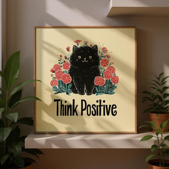 Think Positive Quote Black Kitten Sitting In Red Flowers Poster