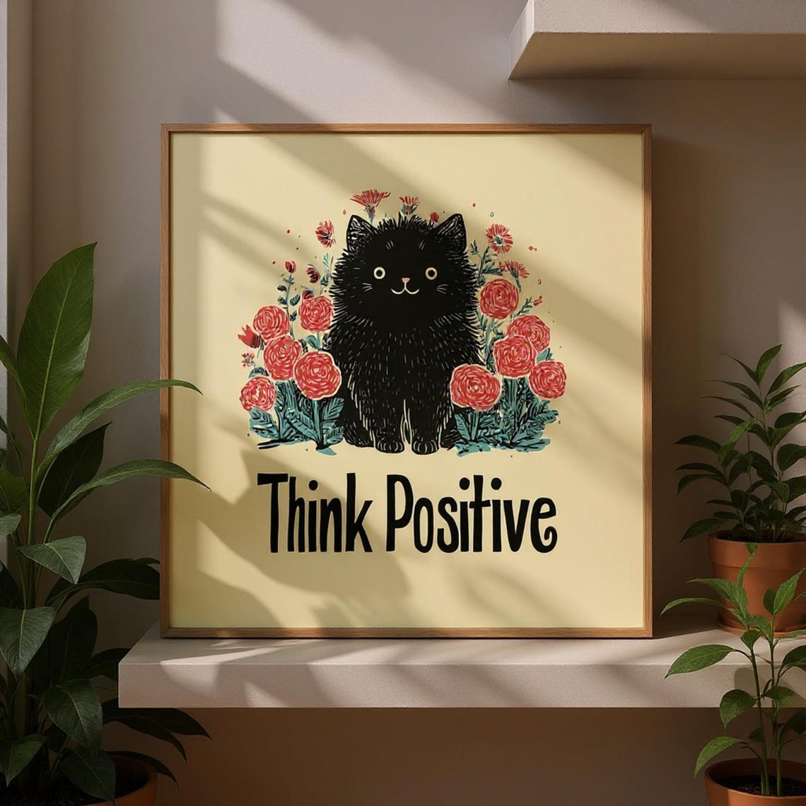 Think Positive Quote Black Kitten Sitting In Red Flowers Poster
