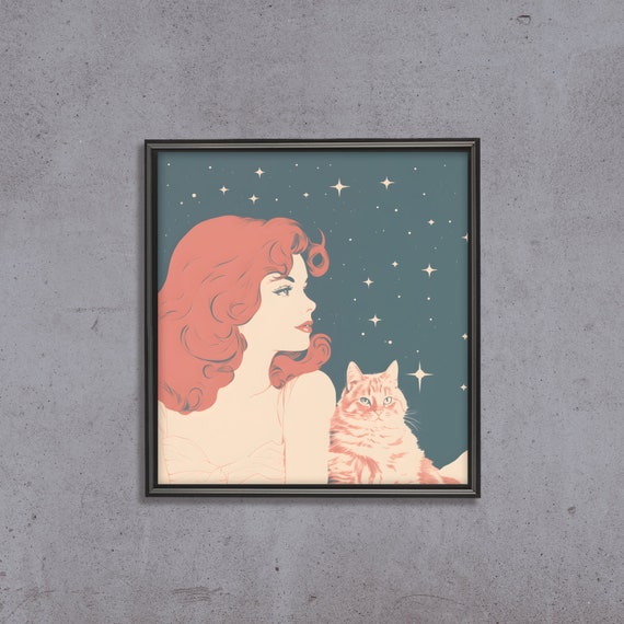 Vintage 70s Boho Celestial Redhaired Girl And Orange Tabby Ginger Cat Art Poster Premium Matte Square Retro Comic Style Wall Decor