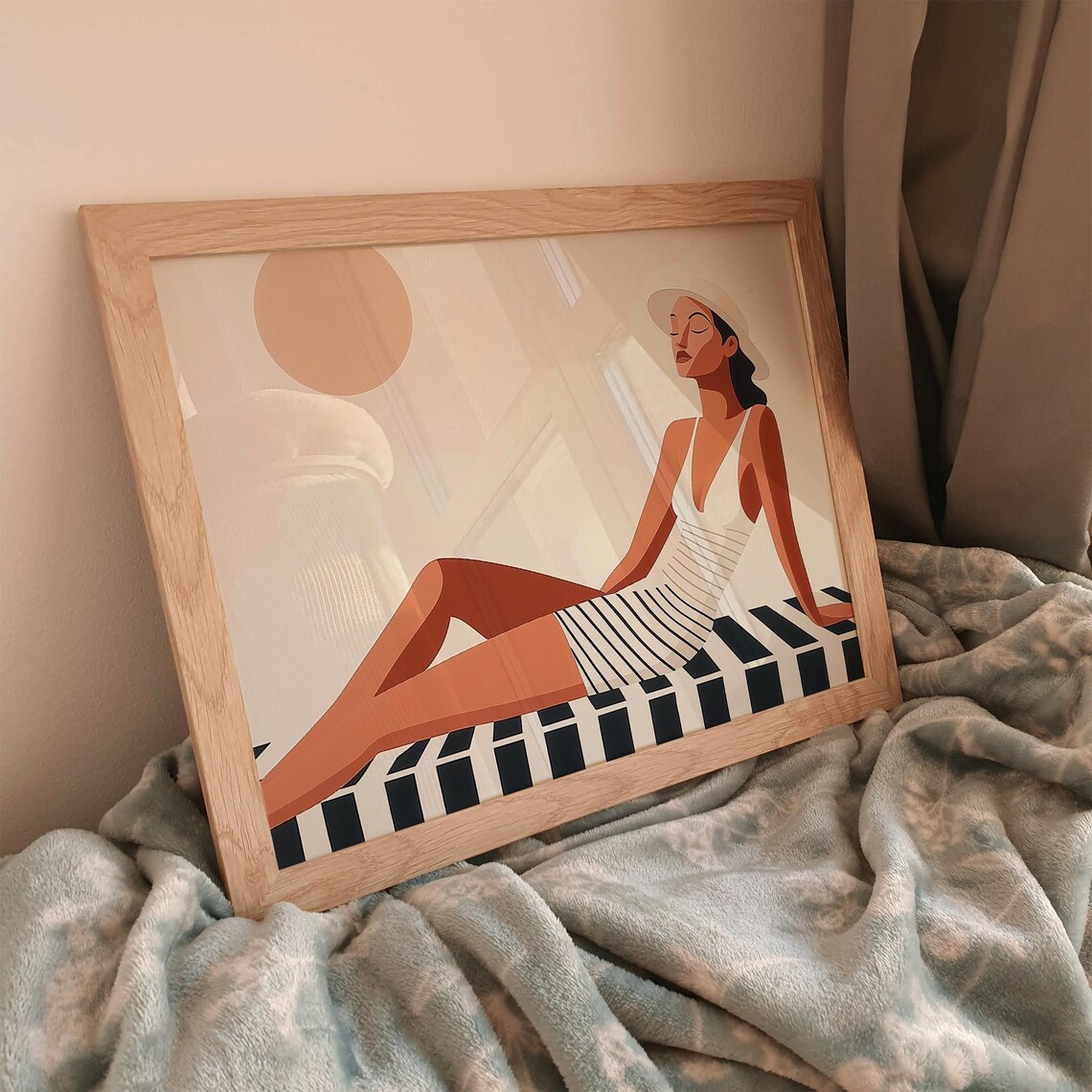 Woman Sunbathing in Striped Swimsuit Minimalist Beach Poster - Image 2