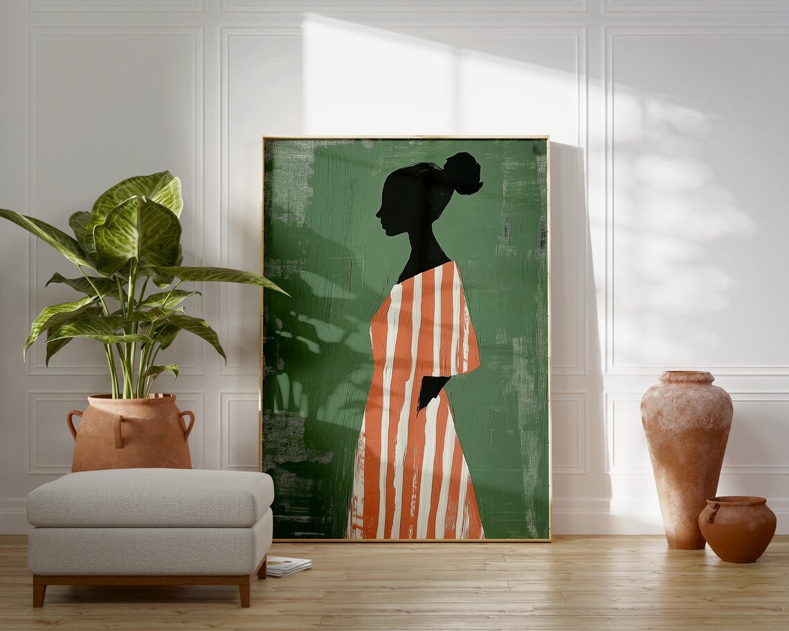 Woman Silhouette in Striped Dress Sage Green Abstract Poster - Image 4